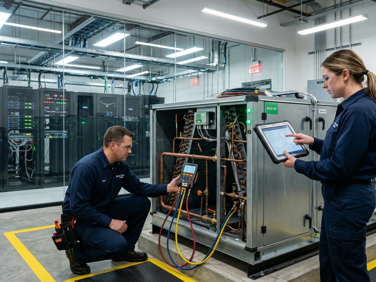 Field service technicians diagnosing equipment with digital tools
