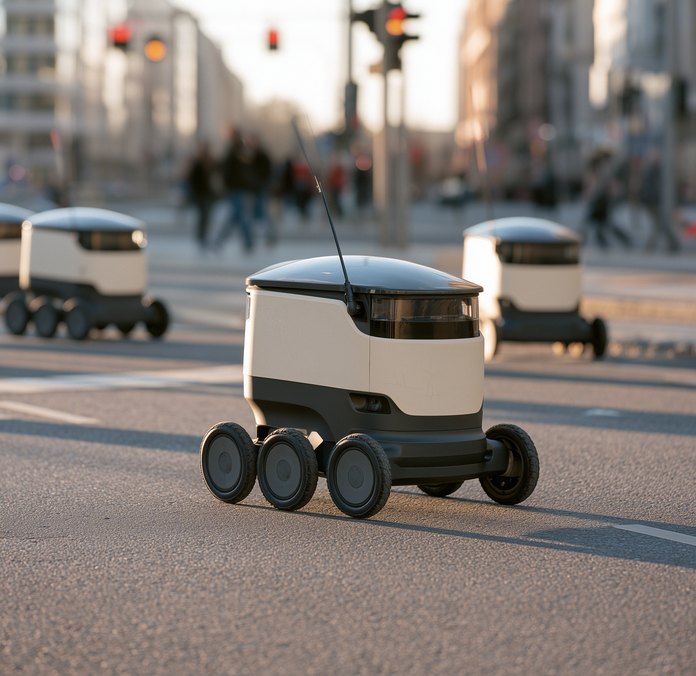 Delivery robots crossing a city street.