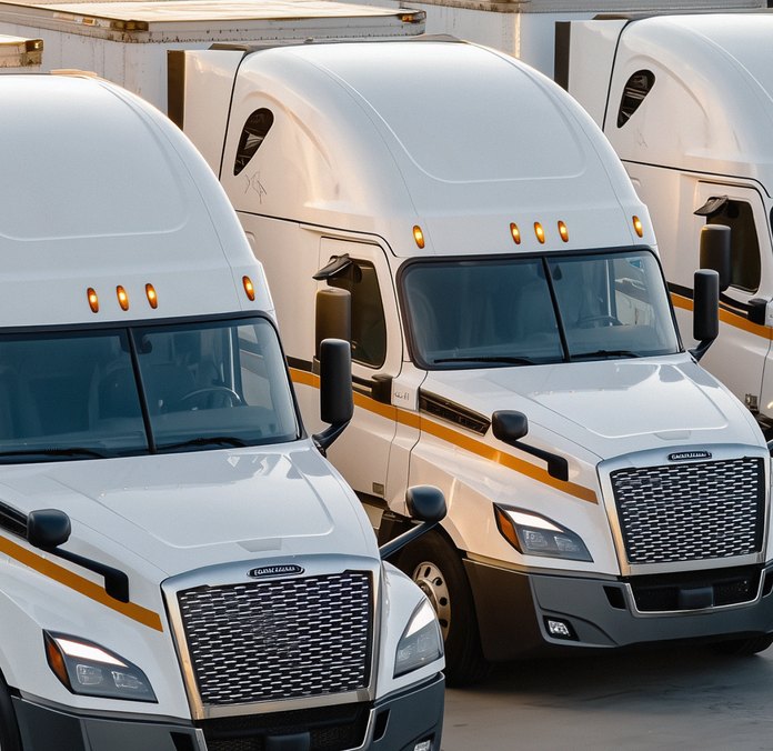 A row of autonomous trucks in a depot.