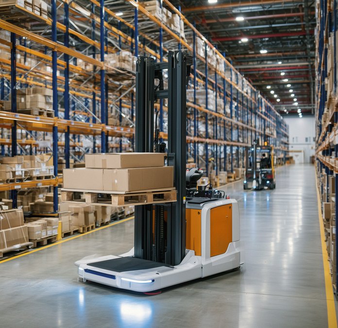 An autonomous forklift in a warehouse aisle.